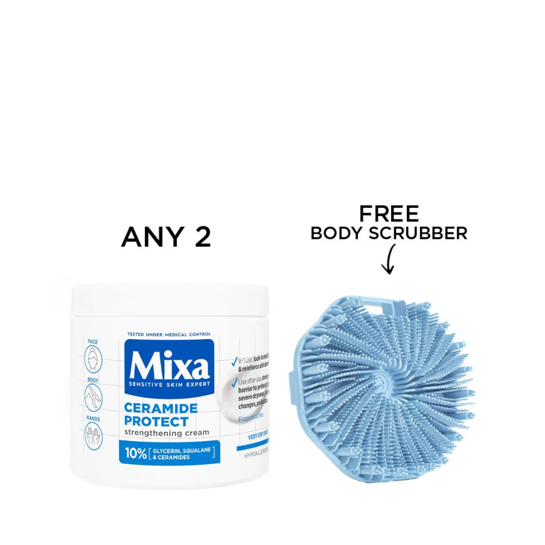 Mixa Skincare Bundle – Any 2 Creams in a Jar + Free Body Scrubber