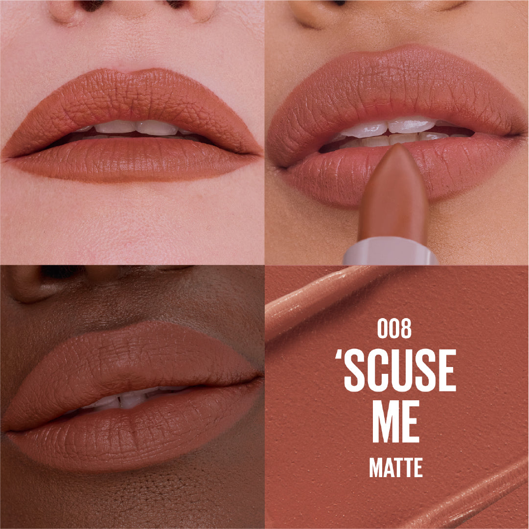 Lipstick shade 008 'Scuse Me Matte applied to lips with close-up details.