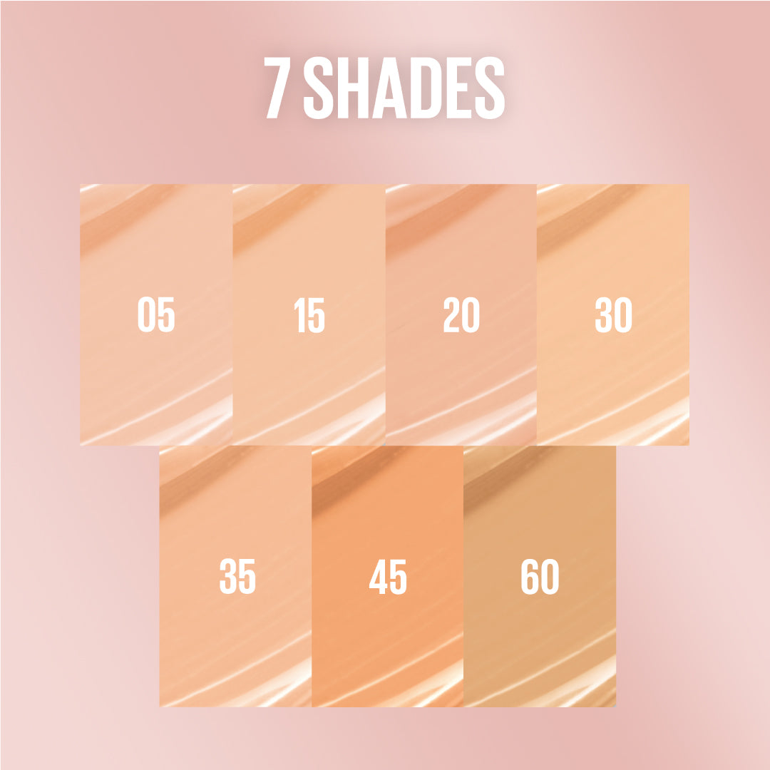 Seven beige color swatches with numbers on a pink background