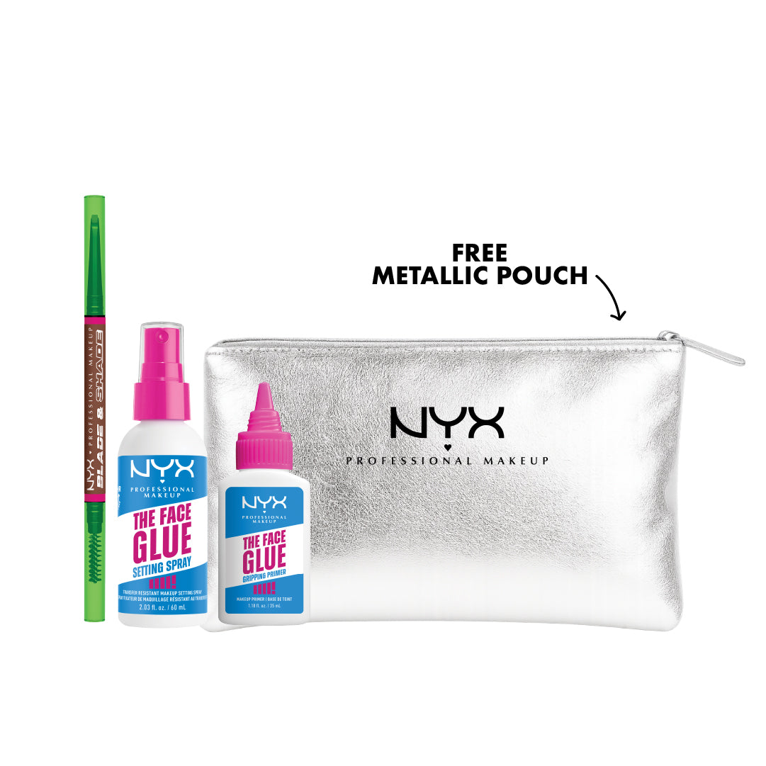 NYX makeup bundle with brow pencil, gripping primer, setting spray and metallic pouch for long-lasting flawless look