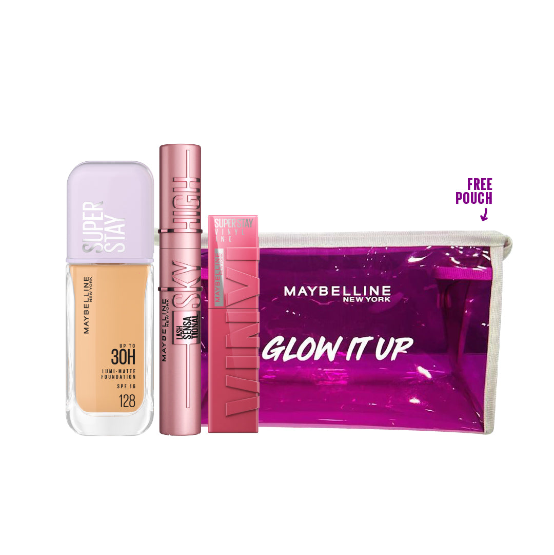 Super Stay Lumi-Matte Foundation + Vinyl Ink Lipstick + Sky High Mascara + FREE Pouch At 25%