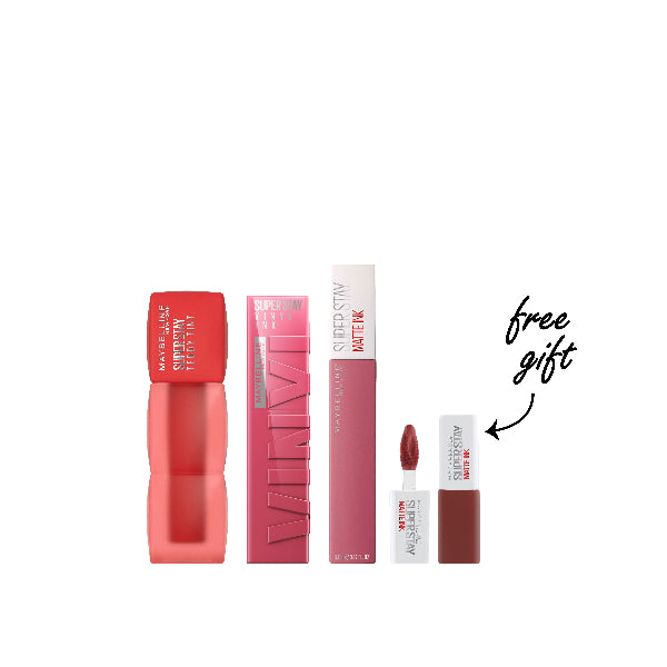 Super Stay Teddy Tint Liquid Lip Tint + Vinyl Ink Lipstick + Superstay Matte Ink Liquid + FREE Mini Lipstick At 20% OFF
