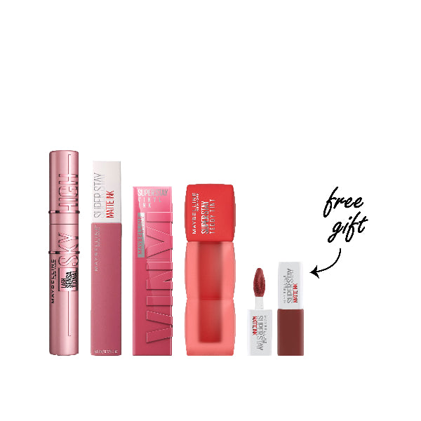 Superstay Matte Ink + Vinyl Ink Lipstick +Super Stay Teddy Tint + Lash Sensational Sky High + FREE Mini Lipstick At 25% OFF