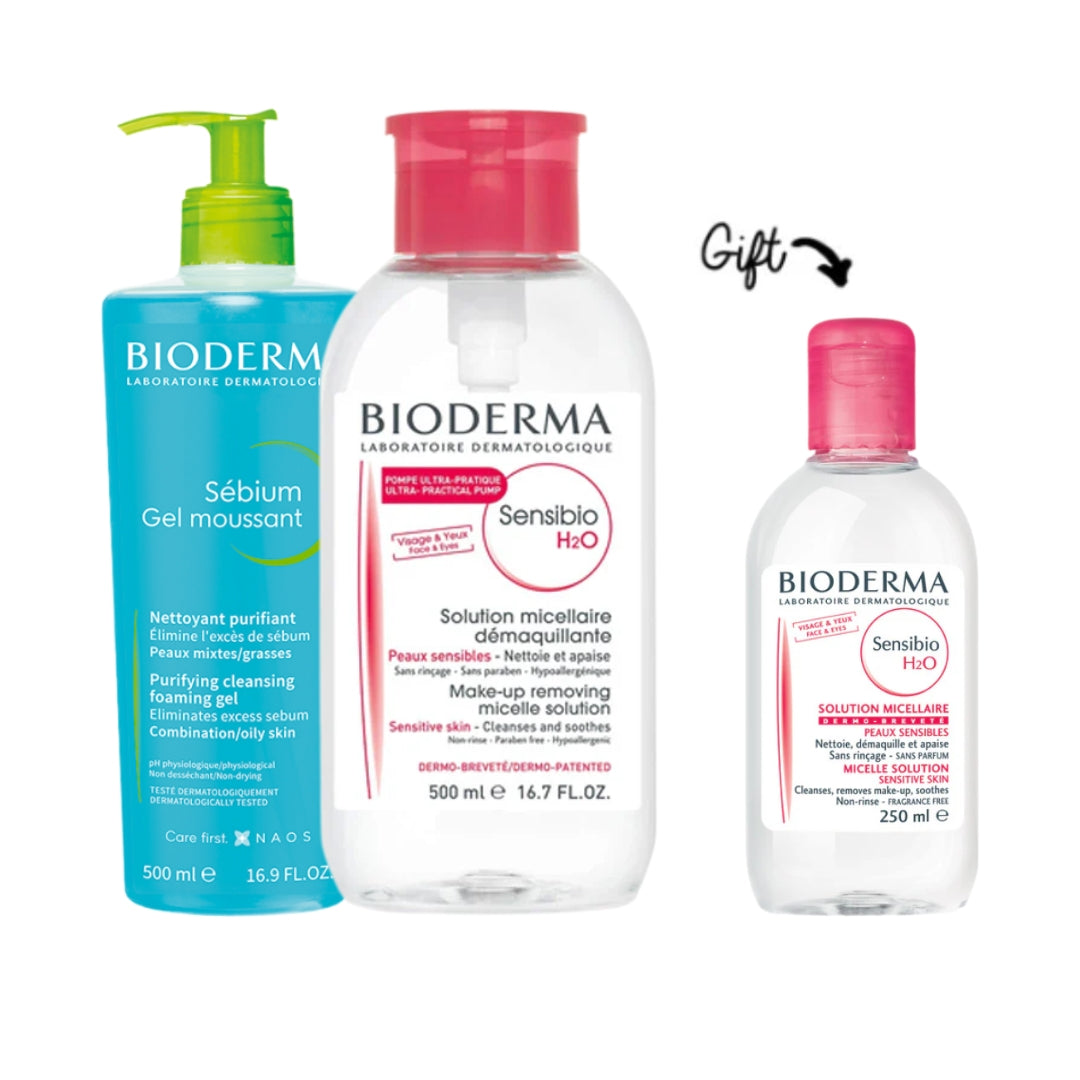 Sébium Gel Moussant 500 ML + Sensibio H2O Eau Micellaire 500 ML + FREE Sensibio 250 ML