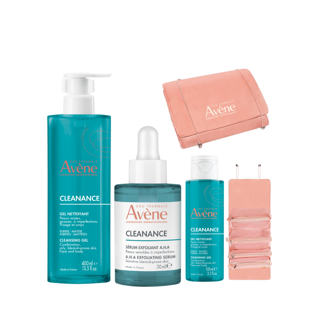 Cleansing Gel 400 ML + Cleanance AHA Exfoliating Serum 30 ML + FREE Cleansing Gel 100 ML + FREE Pouch