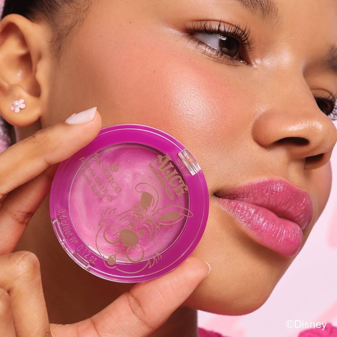 Essence Disney pH lip and cheek balm berry pink tint shimmer swirl texture