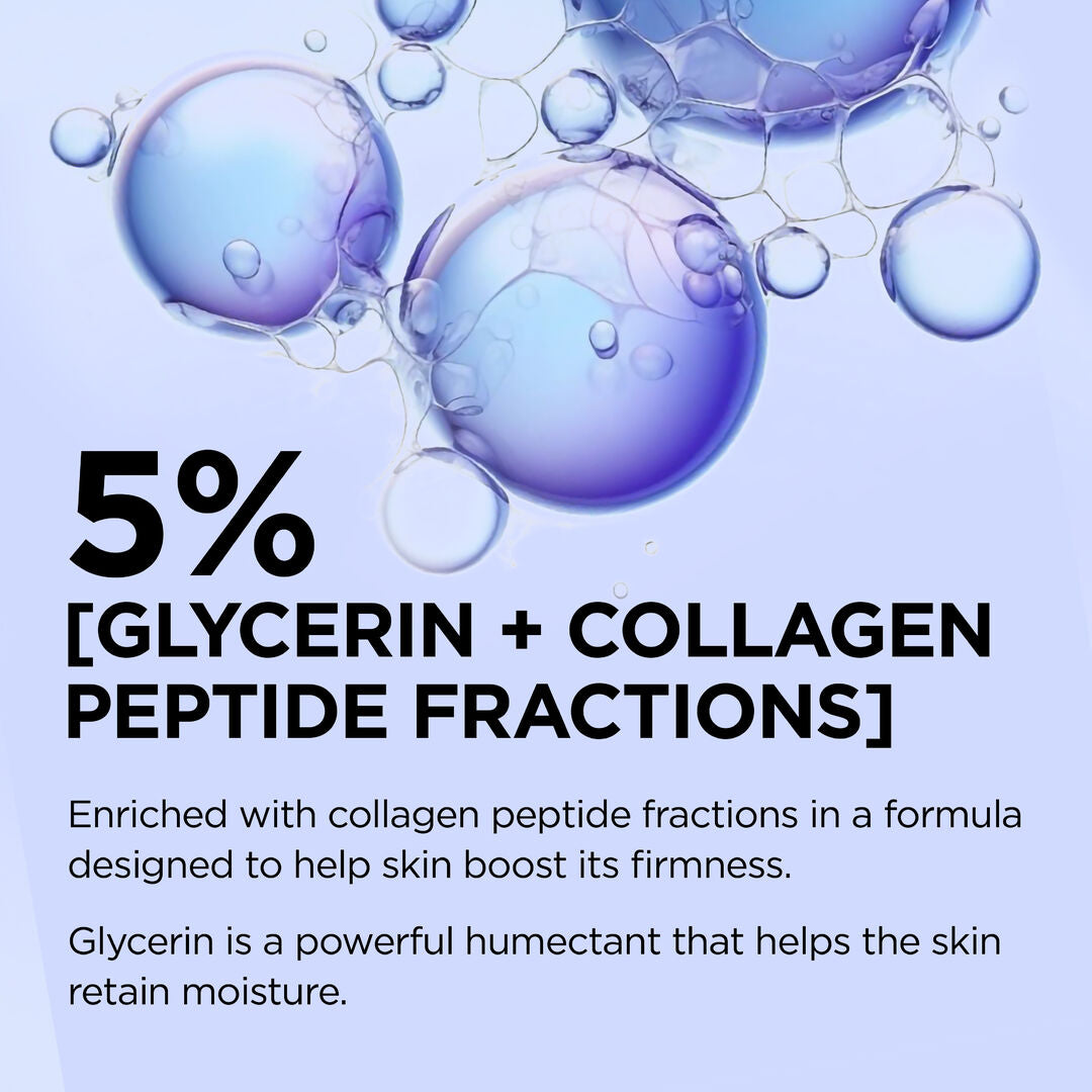 Promotional graphic about glycerin and collagen peptide fractions with bubbles on a blue background.
