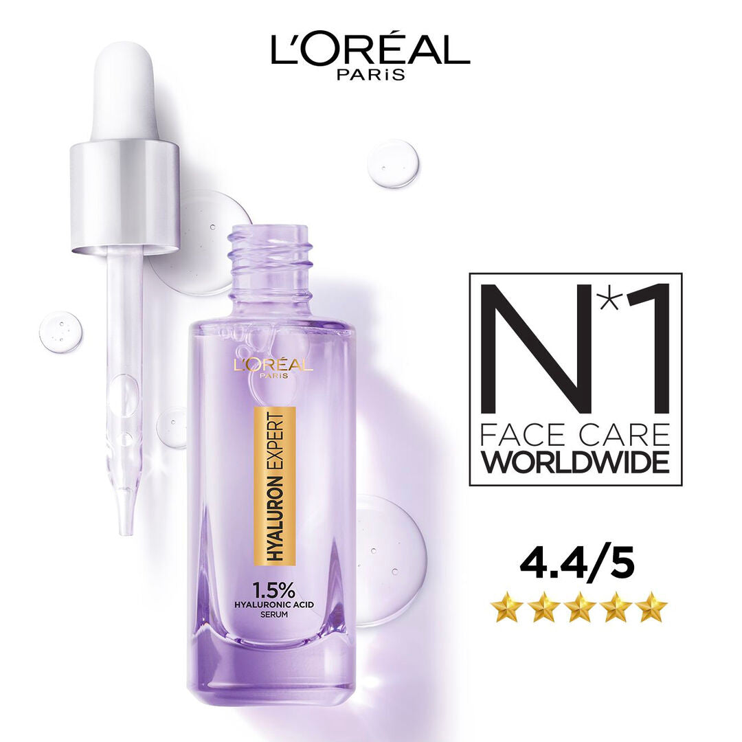 L'Oreal Paris Hyaluron Expert serum bottle with dropper on a white background