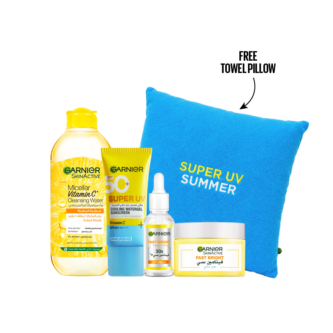 Vitamin C Micellar Water + Super UV Cooling Gel Sunscreen + Serum + Moisturizer + FREE Towel Pillow At 25% OFF