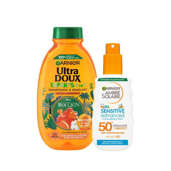 Garnier Ambre Solaire Sensitive Advanced SPF 50+ Ceramide Protect Sunscreen Spray For Kids 150 ML + Ultra Doux Kids 2 in 1 Shampoo With Apricot Extract 400 ML