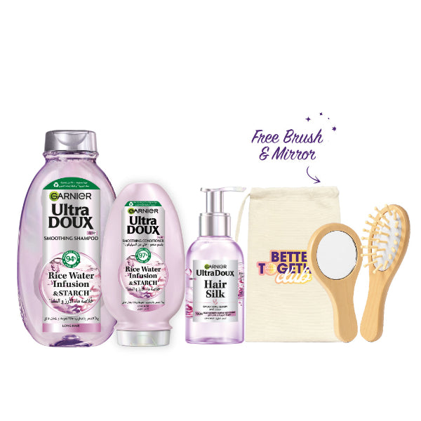 Ultra Doux Rice Water Infusion Shampoo + Conditioner + Hair Silk Serum + FREE Brush + Mirror Set
