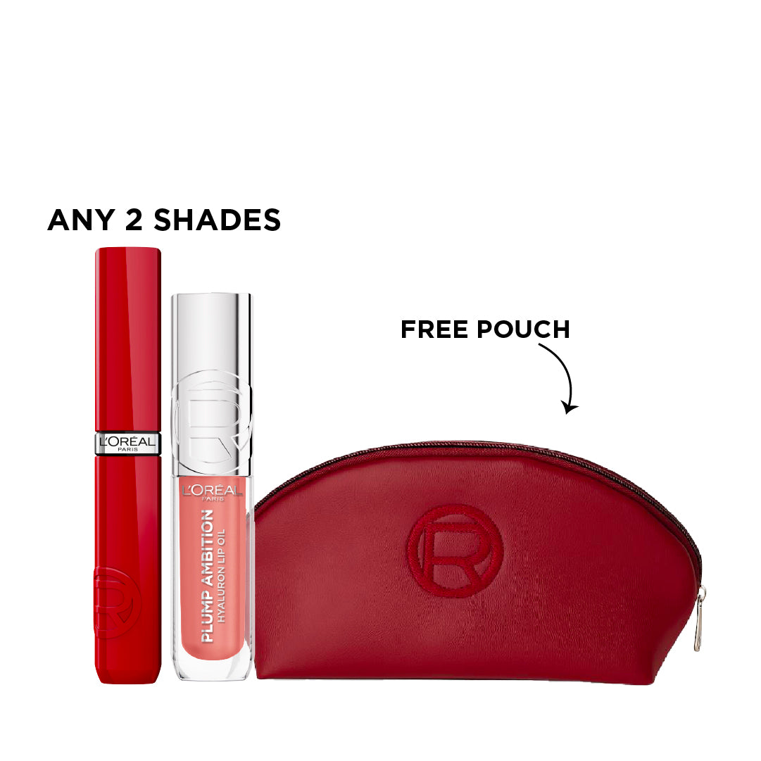 Infallible Laque Resistance Liquid Lipstick + Plump Ambition Hyaluron Lip Oil + FREE Pouch At 20% OFF