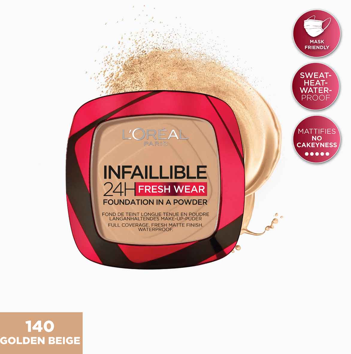 L'Oreal Paris - Infaillible Up to 24H Fresh Wear Foundation in a Powder- Waterproof, Heatproof, Sweatproof